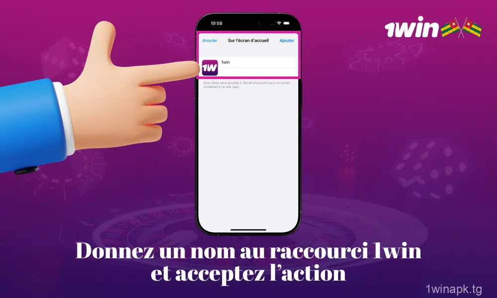 Indiquez le nom pour le raccourci 1win et validez la création.