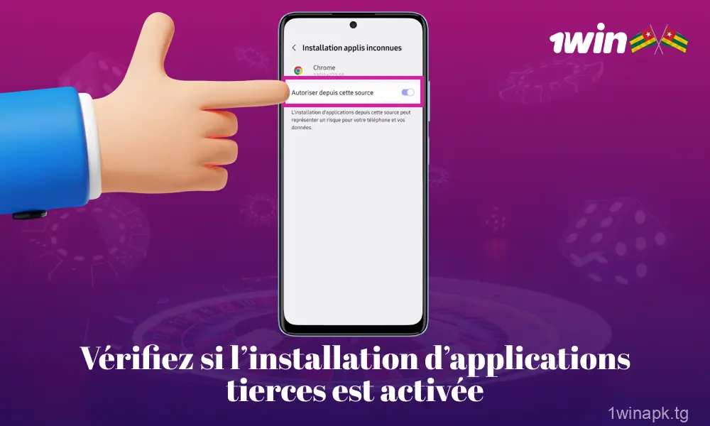 Pour procéder à l'installation de 1win APK, vérifiez que les paramètres de votre téléphone autorisent les installations d'applications provenant de sources tierces.